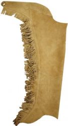 Suede leather chaps with fringe down each leg. Comes with engraved concho in back